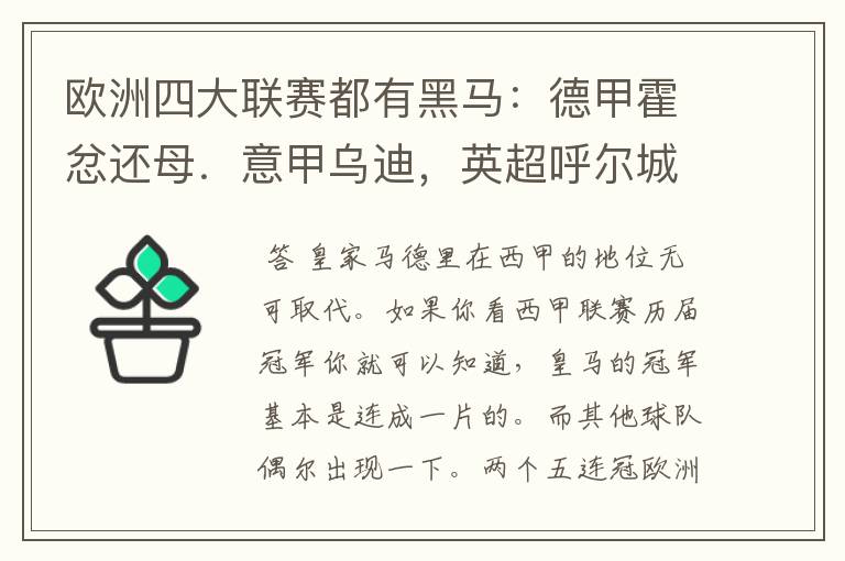 欧洲四大联赛都有黑马:德甲霍忿还母.意甲乌迪,英超呼尔城,西甲皇家马德里