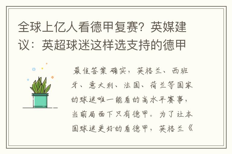 全球上亿人看德甲复赛?英媒建议:英超球迷这样选支持的德甲队伍