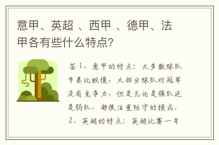 意甲、英超 、西甲 、德甲、法甲各有些什么特点?
