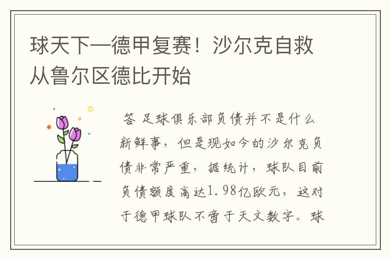 球天下—德甲复赛!沙尔克自救从鲁尔区德比开始