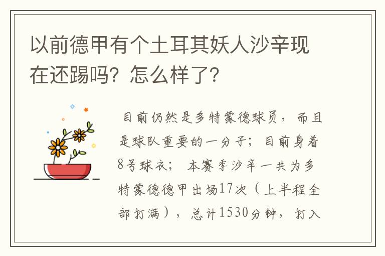 以前德甲有个土耳其妖人沙辛现在还踢吗?怎么样了?