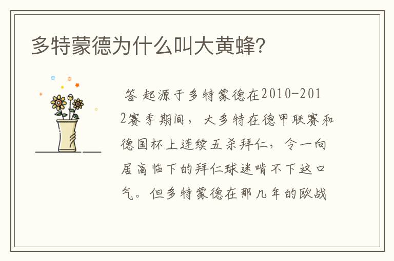 多特蒙德为什么叫大黄蜂?