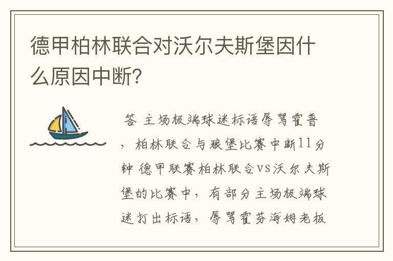 德甲柏林联合对沃尔夫斯堡因什么原因中断?