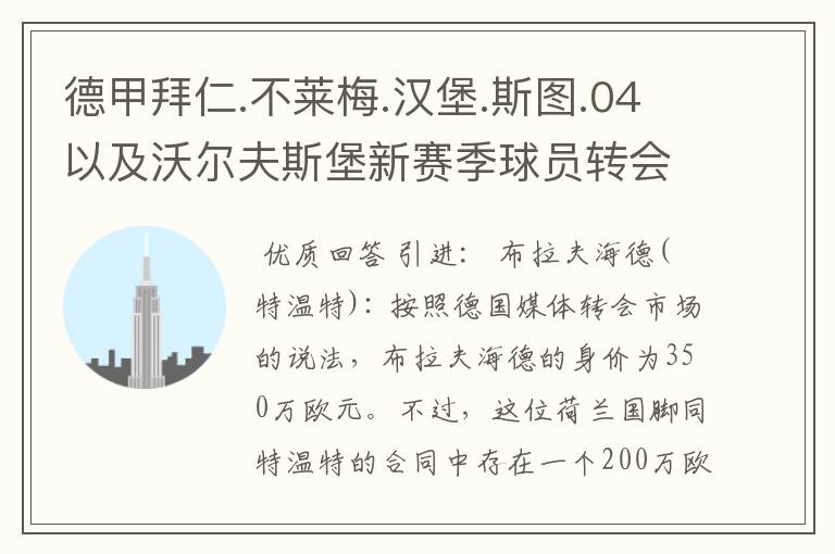 德甲拜仁.不莱梅.汉堡.斯图.04以及沃尔夫斯堡新赛季球员转会一览
