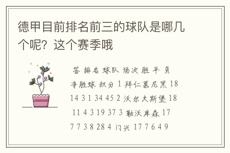 德甲目前排名前三的球队是哪几个呢?这个赛季哦