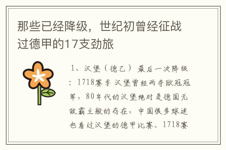 那些已经降级,世纪初曾经征战过德甲的17支劲旅