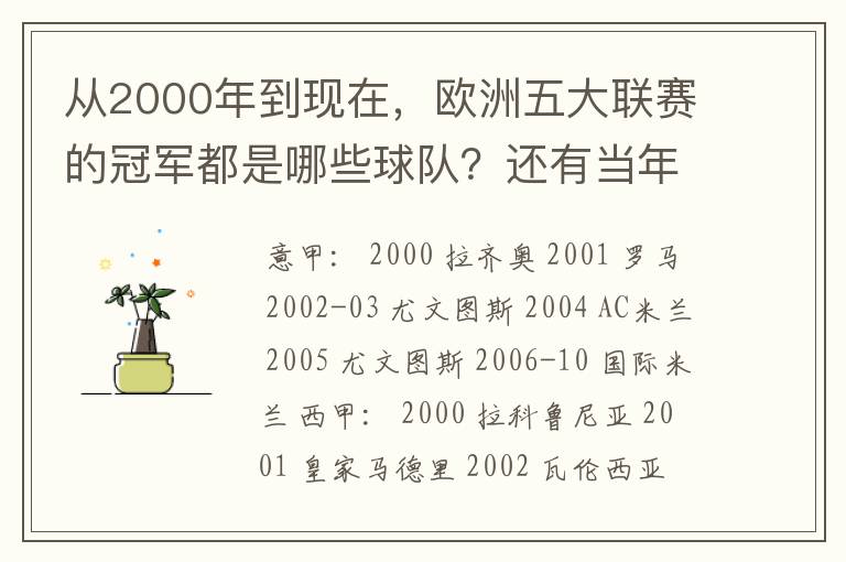 从2000年到现在,欧洲五大联赛的冠军都是哪些球队?还有当年的欧冠冠军。