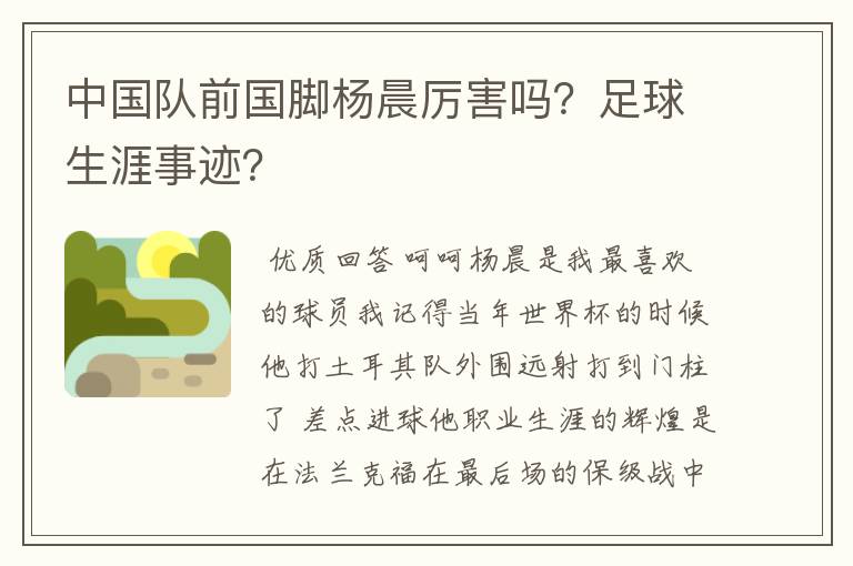 中国队前国脚杨晨厉害吗?足球生涯事迹?