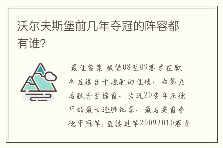 沃尔夫斯堡前几年夺冠的阵容都有谁?