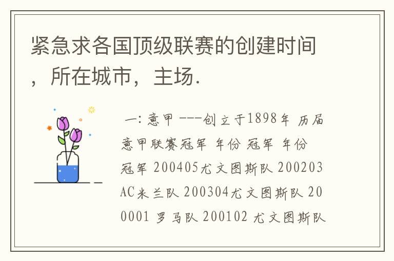 紧急求各国顶级联赛的创建时间,所在城市,主场.