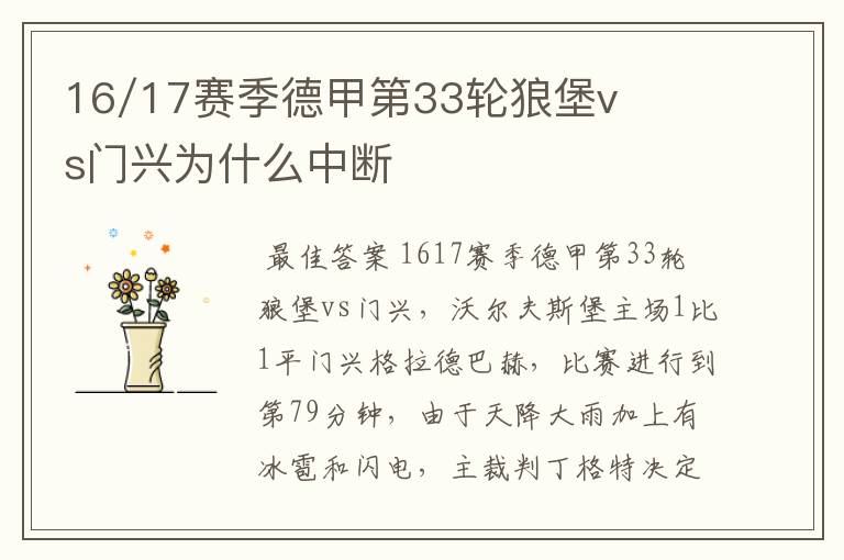 16/17赛季德甲第33轮狼堡vs门兴为什么中断