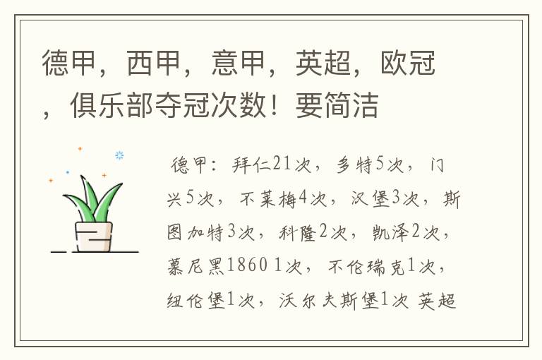 德甲,西甲,意甲,英超,欧冠,俱乐部夺冠次数!要简洁