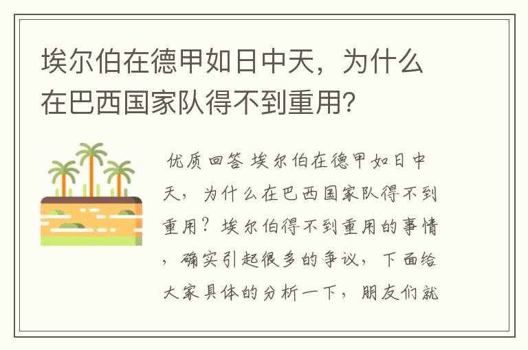埃尔伯在德甲如日中天,为什么在巴西国家队得不到重用?