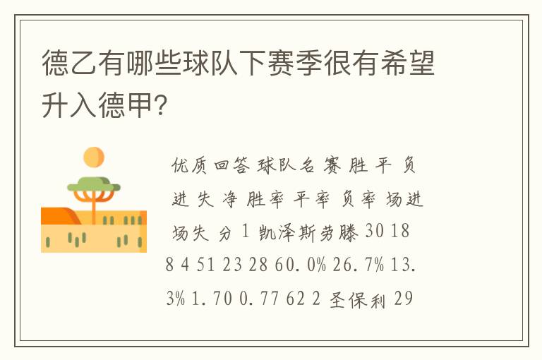 德乙有哪些球队下赛季很有希望升入德甲?