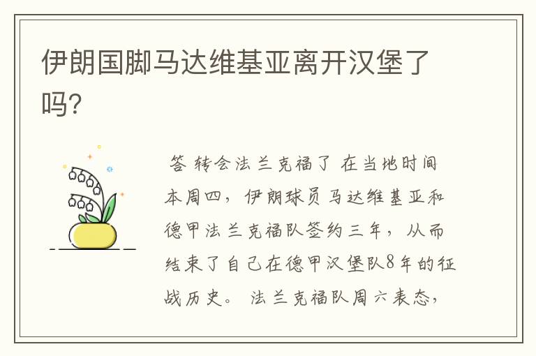 伊朗国脚马达维基亚离开汉堡了吗?
