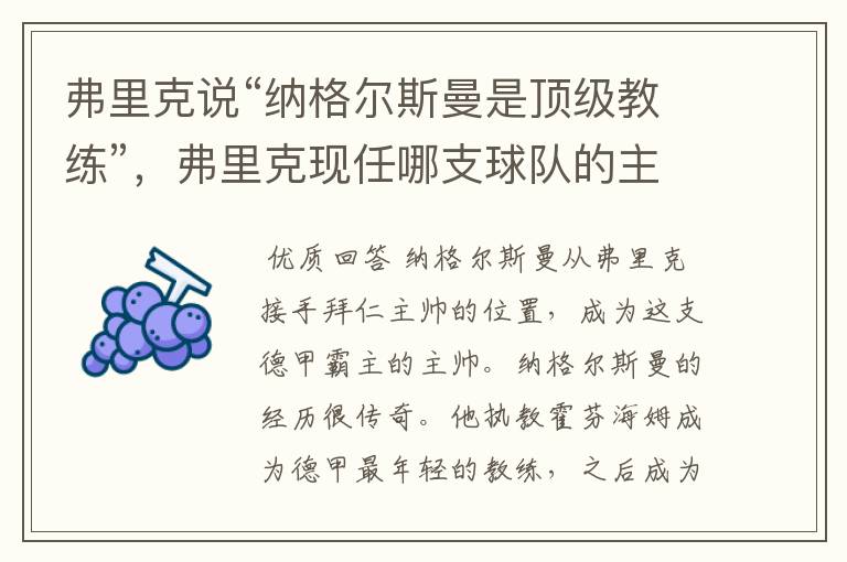 弗里克说“纳格尔斯曼是顶级教练”,弗里克现任哪支球队的主帅?
