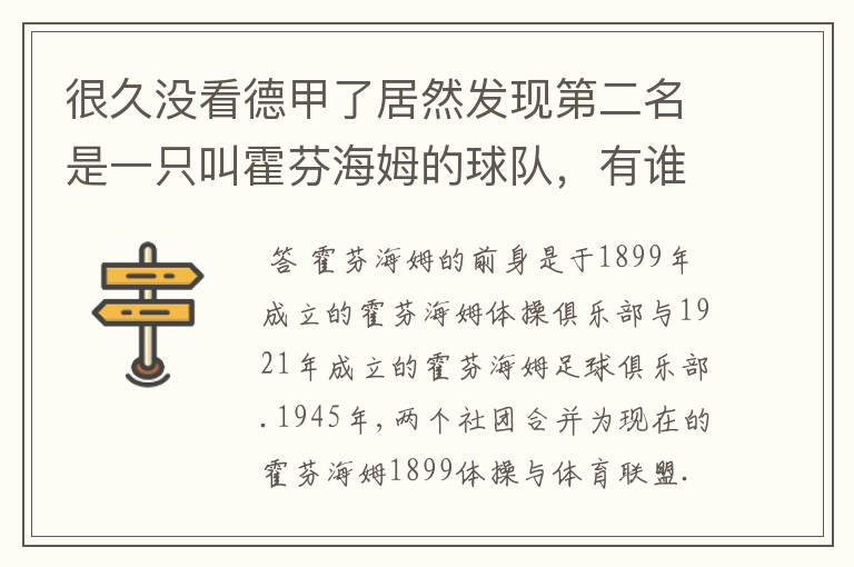 很久没看德甲了居然发现第二名是一只叫霍芬海姆的球队,有谁知道吗