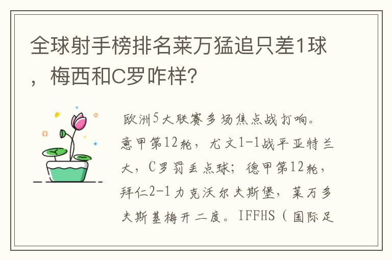 全球射手榜排名莱万猛追只差1球,梅西和C罗咋样?