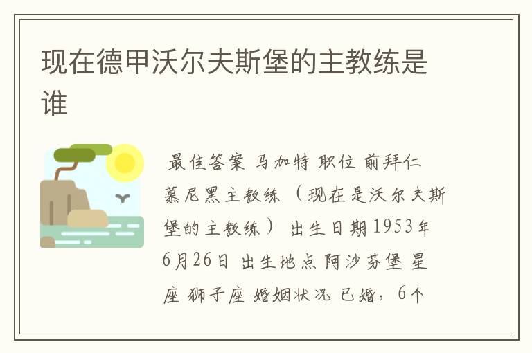 现在德甲沃尔夫斯堡的主教练是谁