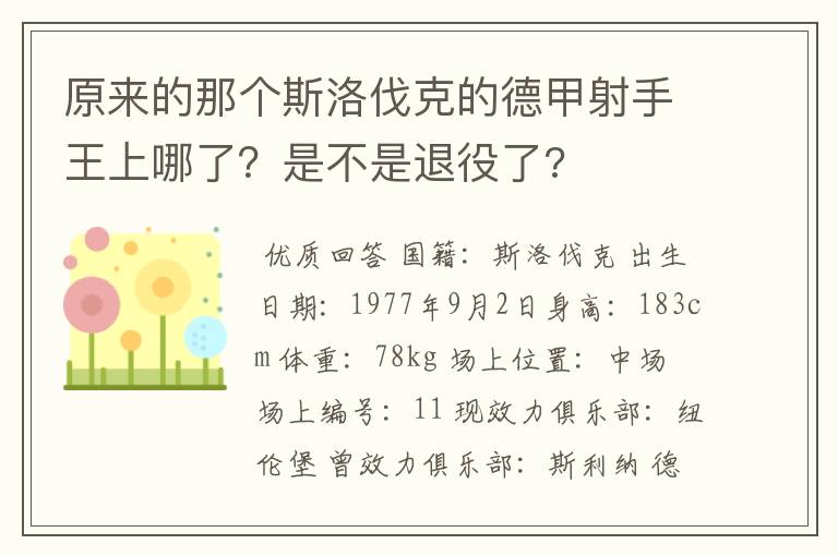 原来的那个斯洛伐克的德甲射手王上哪了?是不是退役了?