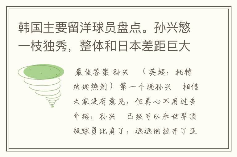 韩国主要留洋球员盘点。孙兴慜一枝独秀,整体和日本差距巨大