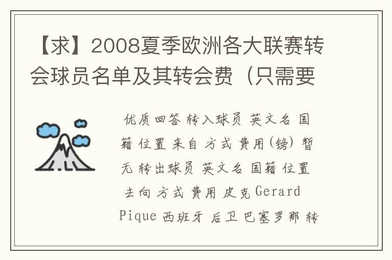 【求】2008夏季欧洲各大联赛转会球员名单及其转会费(只需要知名球星)