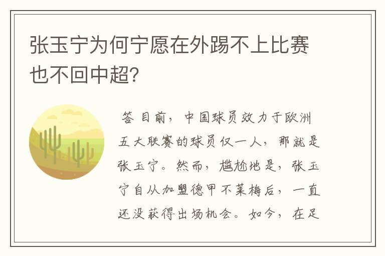 张玉宁为何宁愿在外踢不上比赛也不回中超?
