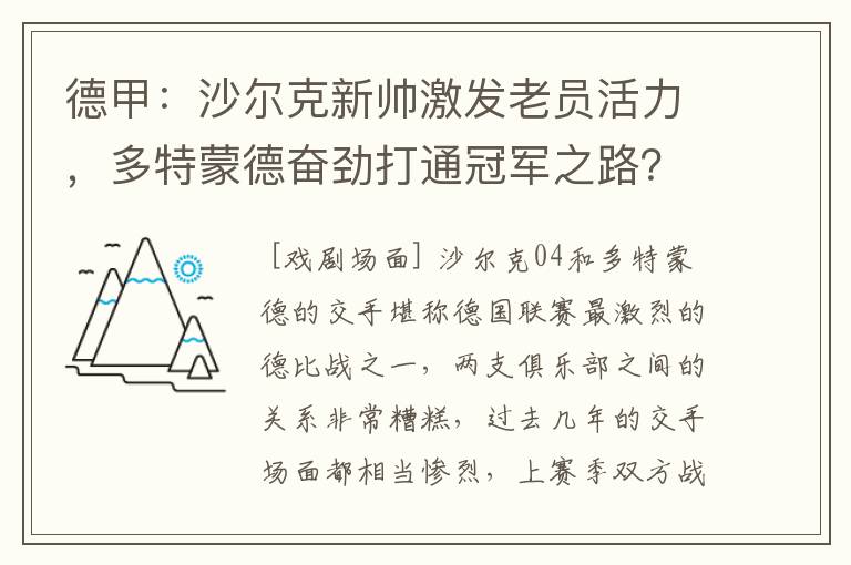 德甲:沙尔克新帅激发老员活力,多特蒙德奋劲打通冠军之路?