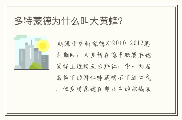 多特蒙德为什么叫大黄蜂?
