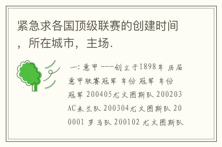 紧急求各国顶级联赛的创建时间,所在城市,主场.