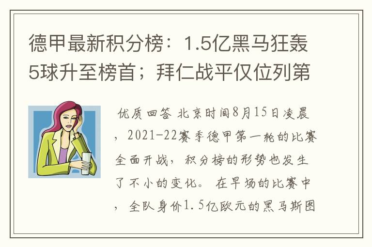 德甲最新积分榜:1.5亿黑马狂轰5球升至榜首;拜仁战平仅位列第7