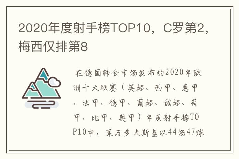 2020年度射手榜TOP10，C罗第2，梅西仅排第8