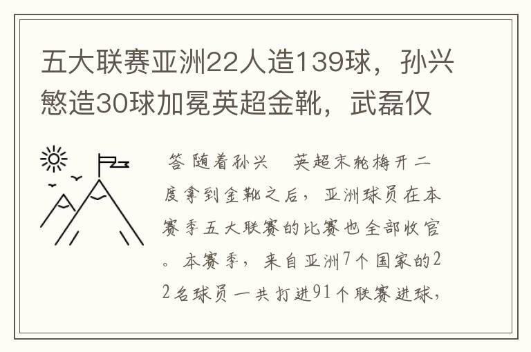 五大联赛亚洲22人造139球,孙兴慜造30球加冕英超金靴,武磊仅1球