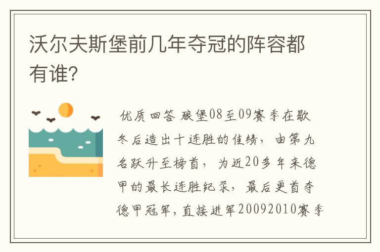 沃尔夫斯堡前几年夺冠的阵容都有谁?