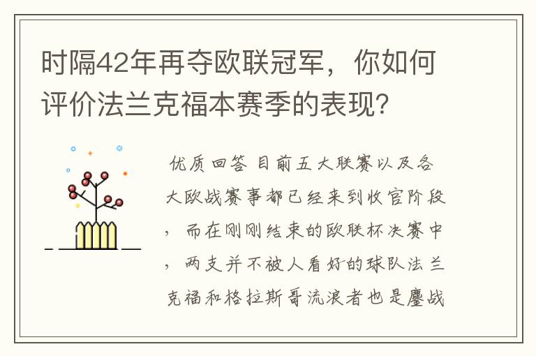 时隔42年再夺欧联冠军,你如何评价法兰克福本赛季的表现?