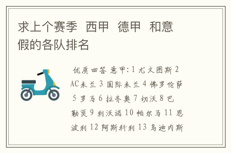求上个赛季 西甲 德甲 和意假的各队排名
