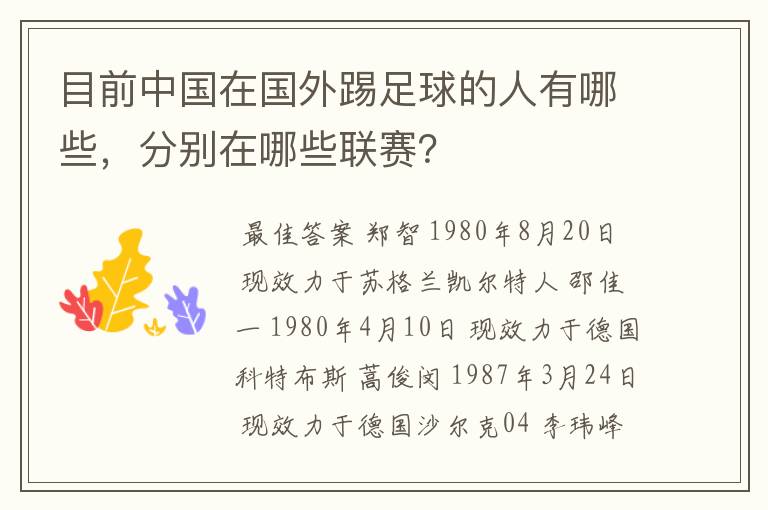 目前中国在国外踢足球的人有哪些,分别在哪些联赛?