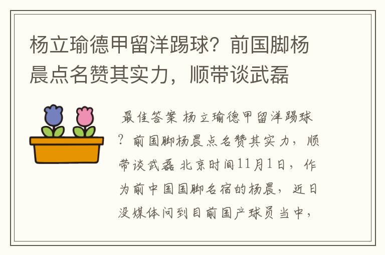 杨立瑜德甲留洋踢球?前国脚杨晨点名赞其实力,顺带谈武磊