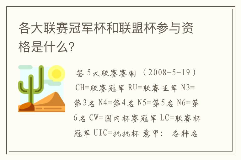 各大联赛冠军杯和联盟杯参与资格是什么?