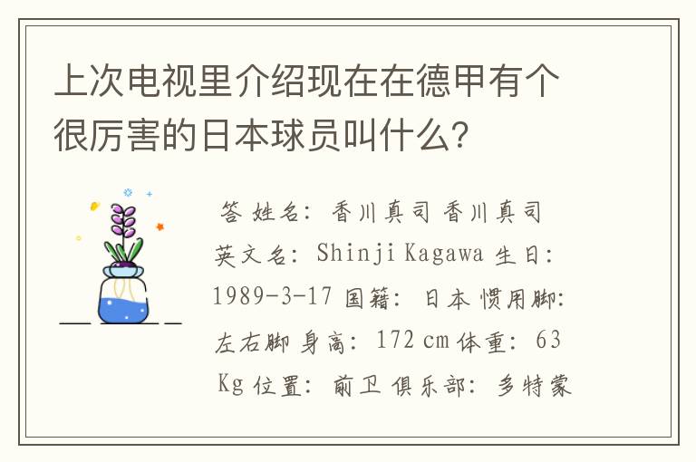 上次电视里介绍现在在德甲有个很厉害的日本球员叫什么?