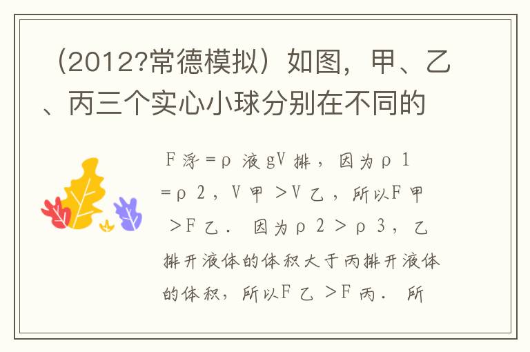 (2012?常德模拟)如图,甲、乙、丙三个实心小球分别在不同的液体中静止,三个球的体积关系是 V甲>V乙=V