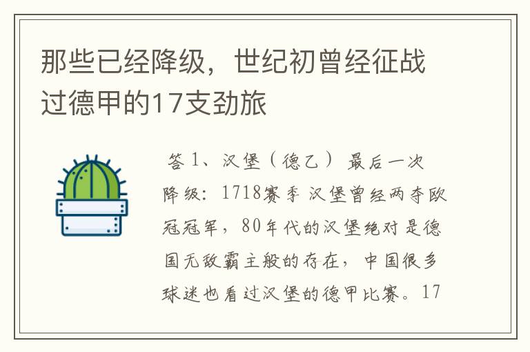 那些已经降级,世纪初曾经征战过德甲的17支劲旅