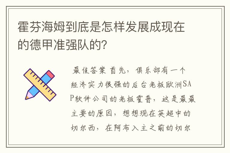 霍芬海姆到底是怎样发展成现在的德甲准强队的?