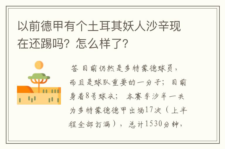 以前德甲有个土耳其妖人沙辛现在还踢吗?怎么样了?
