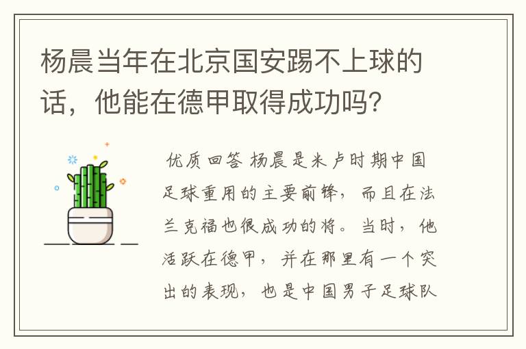 杨晨当年在北京国安踢不上球的话,他能在德甲取得成功吗?
