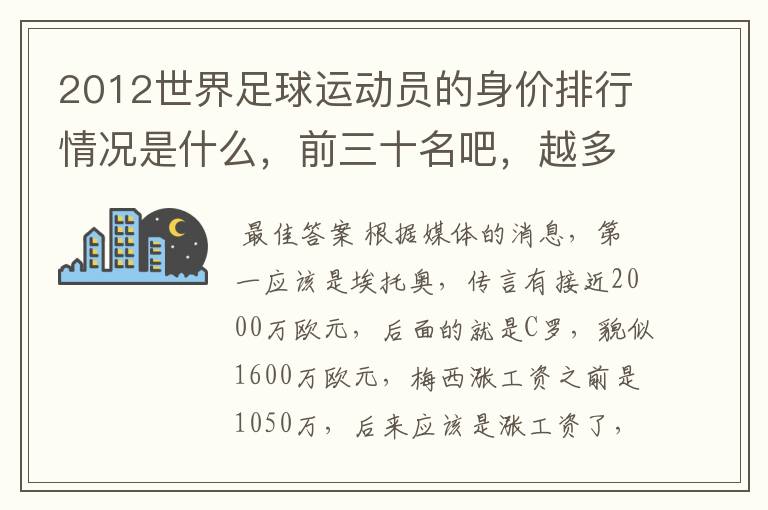 2012世界足球运动员的身价排行情况是什么,前三十名吧,越多越好哦~~