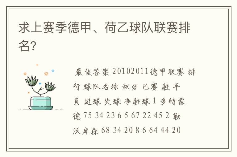 求上赛季德甲、荷乙球队联赛排名?