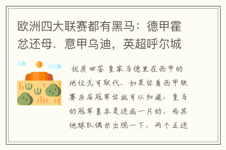 欧洲四大联赛都有黑马:德甲霍忿还母.意甲乌迪,英超呼尔城,西甲皇家马德里