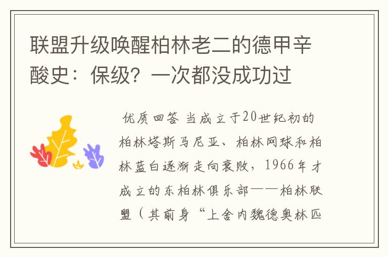 联盟升级唤醒柏林老二的德甲辛酸史:保级?一次都没成功过