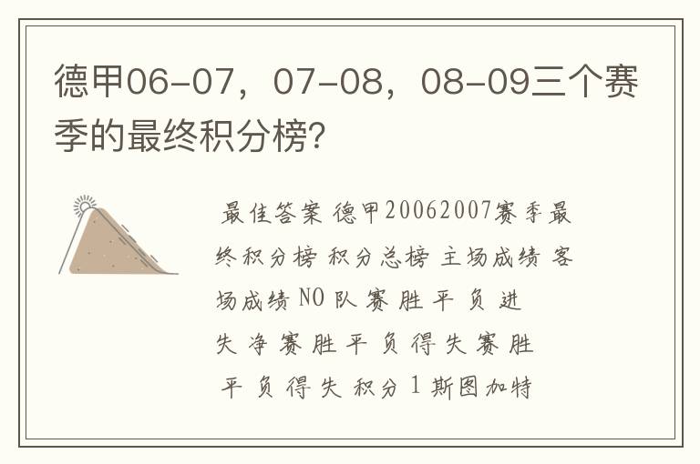 德甲06-07,07-08,08-09三个赛季的最终积分榜?